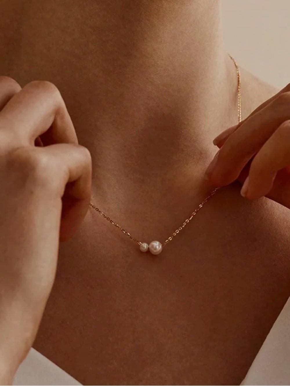 Gold IP Plated Stainless Steel Double Pearl Accent Necklace | Dainty Minimalist